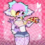  &lt;3 1:1 anthro blonde_hair blue_hair blush bottomwear canid canine canis clothing crop_top devil_horns_(gesture) domestic_dog eating eating_food english_text fishnet fishnet_legwear food fur gesture girly green_hair hair hi_res hotpants inner_ear_fluff lamekun legwear male mammal markings multicolored_hair one_eye_closed pattern_background pizza pizza_slice purple_body purple_fur purple_spots shirt shorts simple_background smile solo spots spotted_body spotted_fur spotted_markings text thong_straps topwear tuft white_body white_fur wide_eyed wink 