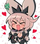  1girl ahoge black_gloves chibi clover collar elphelt_valentine fingerless_gloves four-leaf_clover gloves guilty_gear guilty_gear_xrd hairband huge_ahoge itsuka_neru looking_at_viewer medium_hair open_mouth smile spiked_collar spiked_hairband spikes white_hair 