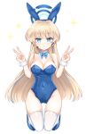  1girl animal_ears bare_shoulders blonde_hair blue_archive blue_bow blue_eyes blue_footwear blue_hairband blue_leotard blush bow breasts cleavage closed_mouth commentary_request covered_navel detached_collar double_v earpiece full_body hairband halo headset highres kneeling large_breasts leotard long_hair looking_at_viewer playboy_bunny rabbit_ears shikito shoes simple_background solo sparkle strapless strapless_leotard thigh_gap thighhighs toki_(blue_archive) toki_(bunny)_(blue_archive) v very_long_hair white_background white_thighhighs wing_collar wrist_cuffs 