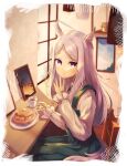  1girl absurdres animal_ears blurry blurry_background blush border closed_mouth coffee_mug commentary_request cup dress eating food fork green_dress highres holding holding_fork horse_ears horse_girl horse_tail indoors isana615 lamp long_sleeves looking_at_viewer mejiro_mcqueen_(umamusume) mug on_chair pancake pancake_stack picture_frame plate purple_eyes purple_hair sitting solo table tail umamusume white_border window windowsill wooden_chair wooden_floor wooden_table 