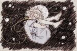  1boy albedo_(genshin_impact) black_background blonde_hair closed_eyes genshin_impact half_updo hugging_own_legs male_focus medium_hair multicolored_background peatootin short_ponytail short_sleeves shorts signature sketch_background solo string_around_neck white_background 