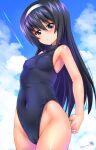  1girl armpits artist_name black_hair blue_eyes blue_one-piece_swimsuit breasts cloud cloudy_sky from_below girls_und_panzer hairband highres kamogawa_tanuki long_hair looking_at_viewer one-piece_swimsuit reizei_mako school_swimsuit sky solo swimsuit thighs white_hairband 