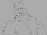  2023 anthro biped brok_the_investigator canid canine clothing male mammal overweight overweight_male portrait shirt simple_background sin_(brok_the_investigator) solo thegoldenkaiser topwear 