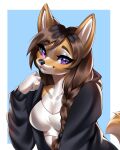 absurd_res anthro braided_hair braided_ponytail brown_hair canid canine canis celeste_(art_preben) clothing domestic_dog female hair herding_dog hi_res hoodie mammal mayrin_(artist) pastoral_dog ponytail purple_eyes smile solo topwear welsh_corgi workout_clothing 