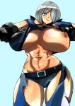  1girl abs alternate_breast_size angel_(kof) blue_eyes breasts breasts_out chaps clothes_lift fingerless_gloves flashing gloves jacket kemonono_(inchiki_dou) large_breasts leather leather_jacket lifted_by_self looking_at_viewer navel nipples no_bra open_mouth panties short_hair simple_background smile snk solo the_king_of_fighters the_king_of_fighters_xiv underwear 