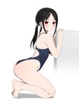  1girl absurdres ass bare_arms bare_legs bare_shoulders barefoot black_hair blue_one-piece_swimsuit blush breasts closed_mouth competition_swimsuit coro_fae expressionless feet from_side highleg highleg_swimsuit highres kaguya-sama_wa_kokurasetai_~tensai-tachi_no_renai_zunousen~ kneeling long_hair looking_at_viewer low_ponytail one-piece_swimsuit paid_reward_available parted_bangs red_eyes shadow shinomiya_kaguya sidelocks simple_background small_breasts solo swimsuit toes white_background 