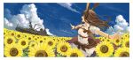  1girl animal_ears battleship belt blue_sky border bracelet breasts brown_hair closed_eyes cloud collared_shirt commentary cowboy_shot day facing_to_the_side field floating_hair flower flower_field gun handgun happy highres holster holstered jewelry long_hair military_vehicle moss multiple_belts nature open_mouth original outdoors outstretched_arms overgrown petals profile rabbit_ears rabbit_girl red_skirt sash ship shirt shoulder_holster skirt sky sleeves_rolled_up small_breasts solo spread_arms standing sunflower suzuke untucked_shirt warship watercraft weapon wind yellow_flower 