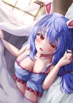  1girl :d animal_ears blanket blue_dress blue_hair blush breasts cleavage commentary_request dress highres indoors large_breasts long_hair looking_at_viewer lying mizunisabano on_bed on_side open_mouth rabbit_ears rabbit_girl red_eyes seiran_(touhou) smile solo touhou window 