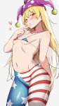  1girl absurdres american_flag_bikini american_flag_pants arm_behind_back bikini blonde_hair breasts clownpiece commentary_request fairy fairy_wings finger_to_mouth flag_print grin hand_on_own_ass hand_up hat highres hip_focus jester_cap long_hair nagomian naughty_face navel no_shirt petite pointing pointing_at_self red_eyes skin_tight small_breasts smile solo swimsuit thighs touhou very_long_hair wings 