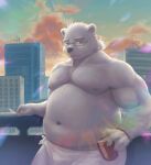  2023 absurd_res anthro bear belly big_belly building can container detailed_background eyewear fur glasses guadr hi_res humanoid_hands kemono leib_(tas) lifewonders male mammal moobs navel nipples outside overweight overweight_male polar_bear smoking solo tokyo_afterschool_summoners towel ursine white_body white_fur 