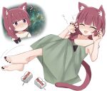  1girl :3 ? absurdres alcohol_carton animal_ear_fluff animal_ears balancing barefoot black_bow black_nails blunt_bangs bocchi_the_rock! bow braid cat_day cat_ears cat_tail closed_eyes commentary dress drunk green_dress hair_bow hair_over_shoulder highres hiroi_kikuri marumaruru meme multiple_views paw_pose purple_eyes purple_hair single_braid space_cat_(meme) tail 