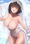  1girl :d armpit_crease black_hair blush breasts bridal_veil cleavage collarbone elbow_gloves flower gloves groin highres idolmaster idolmaster_cinderella_girls jewelry large_breasts leotard looking_at_viewer mk_(mod0) necklace open_mouth outdoors raised_eyebrows rose short_hair smile solo takafuji_kako thighhighs thighs veil white_flower white_gloves white_leotard white_rose white_thighhighs yellow_eyes 