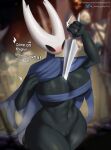  18_(artist) abs anthro anthrofied arthropod between_breasts big_breasts black_body blush bodily_fluids breasts cape clothing crowd english_text female female_focus genitals group hi_res hollow_knight horn nail object_between_breasts pussy solo sweat team_cherry text the_knight_(hollow_knight) thick_thighs vessel_(species) 