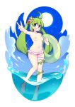  1girl :d absurdres ahoge bare_arms bare_shoulders barefoot bikini bikini_bottom_only blue_eyes blue_sky breasts cloud commentary commission english_commentary fizintine flower frilled_bikini frills full_body green_hair groin hair_between_eyes hair_flower hair_ornament highres innertube long_hair looking_at_viewer medium_breasts navel nipples open_mouth original partially_underwater_shot sky smile solo stomach sun swimsuit twintails v wading water 