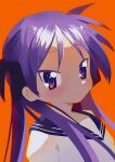  1girl absurdres black_bow blue_sailor_collar bow closed_mouth frown futokutei hair_bow highres hiiragi_kagami long_hair lucky_star orange_background purple_eyes purple_hair sailor_collar school_uniform serafuku shirt simple_background solo tsurime twintails upper_body white_shirt 