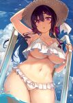  1girl :o arm_up armpits bikini blue_sky breasts cleavage cloud collarbone commentary_request curvy day frilled_bikini frills hair_between_eyes hair_ornament hair_ribbon hat highres looking_at_viewer medium_breasts navel original outdoors partially_submerged purple_eyes purple_hair ribbon shiokonbu sidelocks sky solo standing stomach straw_hat sun_hat swimsuit thick_thighs thighs underboob white_bikini x_hair_ornament 
