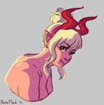  blonde_hair bonemeal demon female hair horn humanoid humanoid_pointy_ears looking_at_viewer nude pink_body portrait simple_background solo 