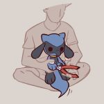  1:1 2023 advos ambiguous_gender anthro biped black_body blue_body clothed clothing duo generation_4_pokemon human mammal nintendo personal_grooming pokemon pokemon_(species) riolu simple_background simple_eyes trimming_(grooming) 