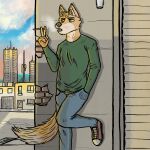  1:1 absurd_res anthro canid canine cigarette cigarette_holder cigarette_smoke city city_background cityscape cloud fox hi_res highrise houses male mammal morning redfox_(redfox3801) smoke smoke_from_mouth solo 
