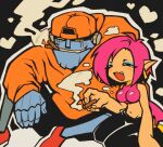  1boy 1girl backwards_hat baseball_cap black_pants black_shorts blush churroboy closed_eyes clothed_robot crop_top daito_giken_koushiki_pachi-slot_simulator earrings f.k._(shake2) fang hat hood hoodie humanoid_robot jewelry joint_(drug) kneeling marijuana metal_skin midriff nadja object_through_head on_floor open_mouth orange_headwear orange_hoodie pants pink_hair pink_shirt pointy_ears red_footwear robot screw_in_head shake2 shirt shorts sitting smile smoke smoke_heart smoking 