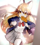  1girl alternate_costume animal_ears blue_jacket bow bowtie brown_hair collared_shirt commentary_request extra_ears ezo_red_fox_(kemono_friends) food food_in_mouth fox_ears fox_girl fox_tail grey_skirt hair_between_eyes highres jacket kemono_friends long_hair long_sleeves mouth_hold multicolored_hair nan_okitsune open_clothes open_jacket orange_hair pleated_skirt red_bow red_bowtie running school_uniform shirt sidelocks skirt solo tail toast toast_in_mouth white_shirt 