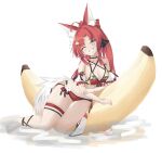  alternate_costume animal_ears azur_lane banana bikini blush breasts collarbone food fox_ears fruit full_body grin hair_ornament long_hair looking_at_viewer medium_breasts mumei_shumi naka_(azur_lane) one_eye_closed red_hair simple_background smile swimsuit white_background yellow_eyes 