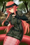  1girl black_bodysuit black_gloves black_headband bodysuit breasts camouflage_dress closed_mouth cosplay english_commentary fingerless_gloves forest gloves hair_between_eyes harness headband highres lamia large_breasts lindaroze long_hair looking_at_viewer metal_gear_(series) metal_gear_solid miia_(monster_musume) monster_girl monster_musume_no_iru_nichijou nature outdoors pointy_ears pouch red_hair red_scales scales short_sleeves sidelocks slit_pupils smile solid_snake solid_snake_(cosplay) solo tail very_long_hair web_address yellow_eyes 
