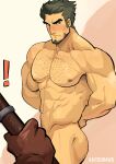  1boy abs absurdres armpit_hair armpit_hair_peek arms_behind_back ass_hair bara beard blush chest_hair completely_nude convenient_arm facial_hair fire_emblem fire_emblem:_the_sacred_stones forked_eyebrows from_side gilliam_(fire_emblem) goatee hairy highres kaito_(kaitobaras) large_pectorals long_sideburns male_focus mature_male muscular muscular_male navel navel_hair nipples nude pectorals short_hair sideburns solo_focus sparse_navel_hair stomach thick_eyebrows turning_around 