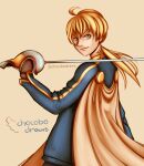 1boy absurdres ahoge artist_name back blonde_hair blue_shirt brown_cape brown_gloves cape chocobodraws final_fantasy final_fantasy_tactics gloves highres holding holding_weapon light_brown_background long_hair looking_at_viewer male_focus nose ponytail ramza_beoulve shirt smile solo sword twitter_username upper_body v-shaped_eyebrows weapon yellow_eyes 
