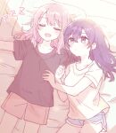  1girl 1other akiyama_mizuki asahina_mafuyu black_shirt blue_shorts blush breasts closed_eyes closed_mouth drooling hair_between_eyes highres long_hair mouth_drool on_bed pillow pink_hair pink_shorts project_sekai purple_eyes purple_hair shirt short_shorts short_sleeves shorts sleeping small_breasts sorimachi-doufu white_shirt zzz 