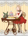  1girl absurdres aged_down alcremie blonde_hair blueberryblanket cake closed_eyes cup dress earrings food fruit highres hoop_earrings jewelry makeup oleana_(pokemon) open_mouth pokemon pokemon_(creature) pokemon_(game) pokemon_swsh red_lips sharp_teeth sinistea smile strawberry teacup teeth themed_object trubbish 
