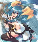  1girl angel_wings asymmetrical_wings bare_shoulders black_gloves blue_hair bow breasts dizzy_(guilty_gear) feathered_wings fingerless_gloves gloves guilty_gear guilty_gear_xrd hair_bow hair_rings highres large_breasts long_hair long_sleeves looking_at_viewer mariebell open_mouth red_eyes ribbon wide_sleeves wings yellow_ribbon 
