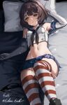  1girl after_sex black_neckerchief black_panties breasts brown_hair cosplay crop_top cum cum_on_body cum_on_hair eckert&amp;eich elbow_gloves empty_eyes facial gloves hairband highres kantai_collection kishinami_(kancolle) lying microskirt neckerchief on_back on_bed panties panties_removed pillow sailor_collar shimakaze_(kancolle) shimakaze_(kancolle)_(cosplay) short_hair skirt small_breasts solo striped thighhighs underwear white_gloves yellow_eyes 
