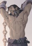  1boy abs armpit_hair armpits bara beard black_hair chain facial_hair highres large_pectorals league_of_legends leaning_back long_hair looking_to_the_side male_focus mature_male muscular muscular_male mustache navel nipples pectorals saturn_(satscarlet) solo stomach stretching sylas_(league_of_legends) topless_male 