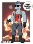  anthro badebyrd boots bulge cheezy_dialogue cigar clothing combat_boots cosplay crossover crossover_cosplay crushed_can duke_nukem duke_nukem_forever english_text explosion foam footwear generation_1_pokemon hi_res invalid_background machoke male muscular nintendo pokemon pokemon_(species) solo speech_bubble text 