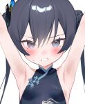  1girl armpits arms_up black_hair blue_archive blue_eyes blush breasts china_dress chinese_clothes double_bun dress eyelashes hair_between_eyes hair_bun highres kisaki_(blue_archive) long_hair rubyaano_(ducl323) simple_background small_breasts twintails white_background 