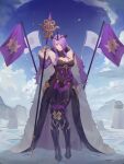  1girl armor breasts camilla_(fire_emblem) camilla_(light_of_nohr)_(fire_emblem) cape cleavage cleavage_cutout cloak clothing_cutout crown fire_emblem fire_emblem_fates fire_emblem_heroes flag full_body fur-trimmed_cloak fur_cloak fur_trim greaves hair_over_one_eye highres holding holding_polearm holding_weapon large_breasts long_hair obsession polearm purple_eyes purple_hair solo spear waist_cape weapon 