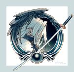  1boy armor black_coat black_wings border closed_mouth coat dated final_fantasy final_fantasy_vii final_fantasy_vii_remake grey_border grey_hair hair_over_eyes katana kay-i long_bangs long_hair male_focus masamune_(ff7) materia parted_bangs profile sephiroth shoulder_armor single_wing solo straight_hair sword twitter_username weapon white_background wings 