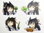  1girl animal_ears bandaid bandaid_on_face bandaid_on_nose black_hair boned_meat bow bowtie broccoli commission cucumber eating food food_on_face glaring hand_up highres holding holding_food horse_ears lettuce long_hair mame_nabe_donko meat mouth_hold multiple_views narita_brian_(umamusume) photo_(medium) ponytail purple_shirt rope sailor_collar shimenawa shirt skeb_commission sparkle squinting stalk_in_mouth traditional_media umamusume v-shaped_eyebrows yellow_eyes 