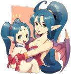  2girls aged_down blue_hair breasts breath_of_fire breath_of_fire_ii cleavage dragon_girl dragon_wings dual_persona earrings green_eyes highres jewelry long_hair looking_at_viewer multiple_girls naekam open_mouth patty_the_phantom_thief pointy_ears ponytail smile wings 