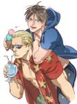  2boys bara black_male_swimwear blonde_hair blue_eyes blue_jacket brown_hair cup curtained_hair drinking drinking_straw food green_male_swimwear hawaiian_shirt holding holding_cup holding_food hood hood_down hooded_jacket ice_cream ice_cream_cone jack_krauser jacket large_pectorals legskin leon_s._kennedy male_focus male_swimwear multiple_boys muscular muscular_male open_clothes open_jacket open_mouth open_shirt pectorals red_shirt resident_evil resident_evil_4 resident_evil_4_(remake) shirt short_hair simple_background smile sunglasses tatsumi_(psmhbpiuczn) white_background 