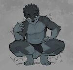  2023 anthro balls canid canine clothing front_view fur genitals goon_(goonie_san) goonie-san grey_background grey_body grey_fur hi_res looking_at_viewer male mammal simple_background smile solo underwear yellow_eyes 