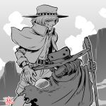  1970s_(style) 2boys bullet_hole cane cloak cloud commentary_request concealed_weapon cowboy_hat cowboy_western dated desert glasses grin gun_frontier_(western) harlock hat highres hood hooded_cloak matsumoto_leiji_(style) monochrome multiple_boys official_style ooyama_toshiro retro_artstyle scar scar_on_face shikomizue signature size_difference smile smirk sword weapon 