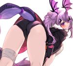  1girl arknights arthropod_girl ass bandaged_leg bandages from_behind fur-trimmed_hood fur_trim head_wings highres hood kochiya_(gothope) leaning_forward looking_at_viewer looking_back manticore_(arknights) pink_wings purple_eyes purple_hair scorpion_girl scorpion_tail short_shorts shorts tail white_background wings 