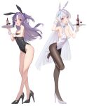  2girls alternate_costume animal_ears aqua_bow aqua_bowtie arm_up armpits bare_legs black_footwear black_leotard black_pantyhose blue_archive blue_bow blue_bowtie blush bottle bow bowtie breasts cleavage collarbone cup detached_collar drinking_glass fake_animal_ears fake_tail floating_hair grey_hair high_heels highleg highleg_leotard highres holding holding_tray large_breasts leotard long_hair lookhow looking_at_viewer medium_breasts multiple_girls noa_(blue_archive) pantyhose playboy_bunny purple_eyes purple_hair rabbit_ears rabbit_tail simple_background standing standing_on_one_leg straight_hair strapless strapless_leotard tail tray two_side_up v very_long_hair white_background white_footwear white_leotard wine_bottle wine_glass wrist_cuffs yuuka_(blue_archive) 