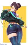  absurdres aestheticc-meme alternate_costume ass ass_focus asymmetrical_legwear back bad_link bikini casual chun-li from_behind highres huge_ass jacket long_sleeves looking_at_viewer looking_back mismatched_legwear muscular muscular_female pants puffy_sleeves shirt shorts single_thighhigh smile solo street_fighter sunglasses sweat swimsuit thick_thighs thighhighs thighs thong tight_clothes tight_pants toned uneven_legwear wide_hips 