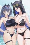  2girls absurdres asymmetrical_docking beach bikini black_bikini blue_eyes breast_press breasts brulee colored_inner_hair eyewear_on_head glint grin hair_intakes hand_on_another&#039;s_hip highres hololive hololive_english horns large_breasts mole mole_under_eye multicolored_hair multiple_girls navel nerissa_ravencroft ocean ouro_kronii parted_lips red_eyes smile stomach sunglasses swimsuit thigh_strap two-tone_hair virtual_youtuber 