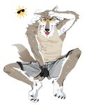  anthro bodily_fluids bottomwear canid canine canis claws clothing epic_games fingerless_gloves fortnite gloves handwear hi_res male mammal papyuuno shirt shorts solo sweat tank_top tongue tongue_out topwear wendell_(fortnite) wolf yellow_eyes 