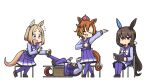  3girls 4girls admire_vega_(umamusume) animal_ears blonde_hair book bow bowtie brown_footwear brown_hair chair crown ear_covers ear_ornament ear_piercing flying_sweatdrops hair_between_eyes hair_bow hamu_koutarou highres holding holding_book horse_ears horse_girl horse_tail jitome loafers long_hair long_sleeves meisho_doto_(umamusume) mini_crown multiple_girls narita_top_road_(umamusume) open_book orange_eyes orange_hair parted_bangs piercing pink_headwear pleated_skirt purple_eyes purple_sailor_collar purple_skirt purple_thighhighs reading sailor_collar school_uniform shoes short_hair simple_background single_ear_cover sitting skirt t.m._opera_o_(umamusume) tail thighhighs tracen_school_uniform two-tone_eyes umamusume very_long_hair white_bow white_bowtie winter_uniform 