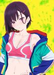  1girl bare_shoulders black_hair blush breasts cleavage closed_mouth collarbone crop_top hair_ornament hairclip hand_on_own_hip highres jacket long_sleeves looking_at_viewer mikazuchi_zeus mikazuki_shizuka multicolored_clothes multicolored_jacket navel off_shoulder open_clothes open_jacket pink_eyes pink_top short_hair solo zom_100:_zombie_ni_naru_made_ni_shitai_100_no_koto 